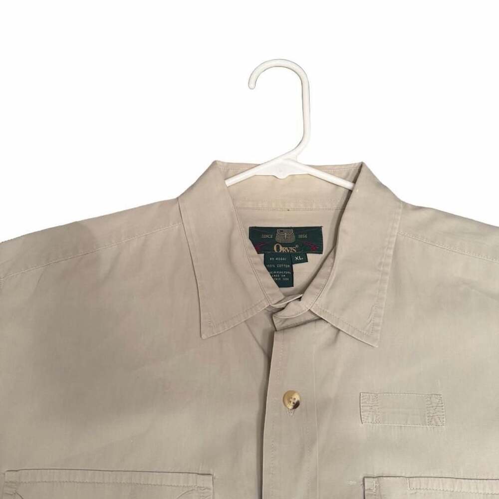 Vintage Orvis Short Sleeve Shirt Size XL Tan Cotton Button Up Pocket Outdoor